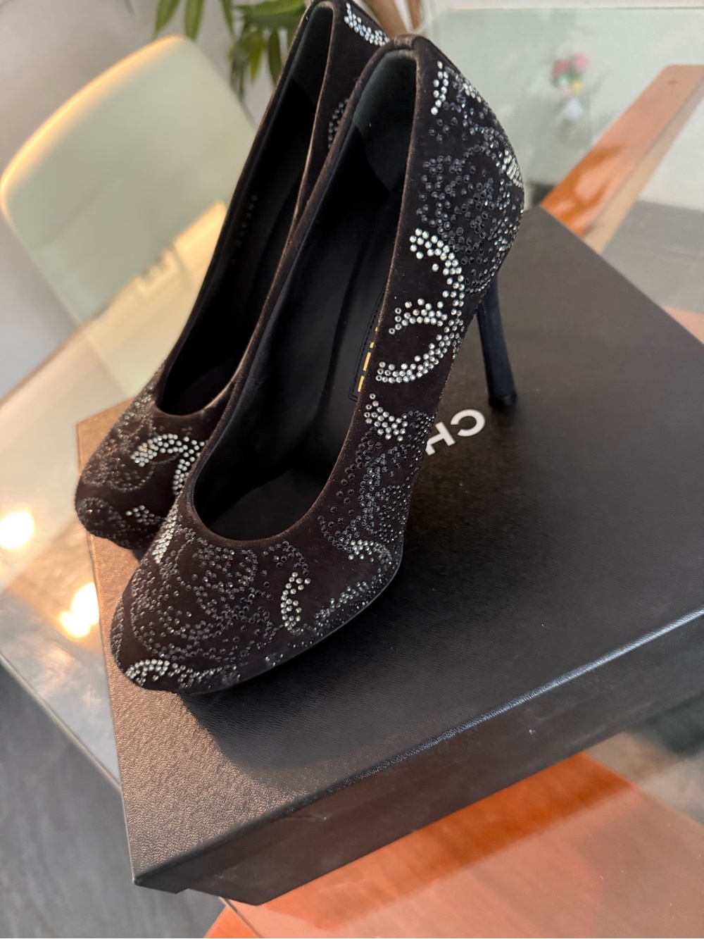 CHANEL Black Crystal-Accented Suede Stiletto Pumps